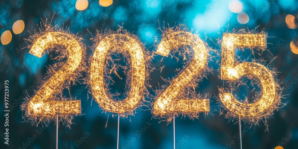 Golden sparkling 2025 numbers lit up with sparklers in a vibrant outdoor setting, symbolizing the festive and joyful celebration of the new year Golden sparkling 2025 numbers lit up with sparklers in a vibrant outdoor setting, symbolizing the festive and joyful celebration of the new year