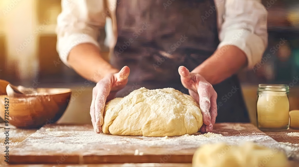 A baker preparing fresh dough on a wooden countertop, surrounded by flour and kitchen tools, showcasing the art of bread making. A baker preparing fresh dough on a wooden countertop, surrounded by flour and kitchen tools, showcasing the art of bread making.