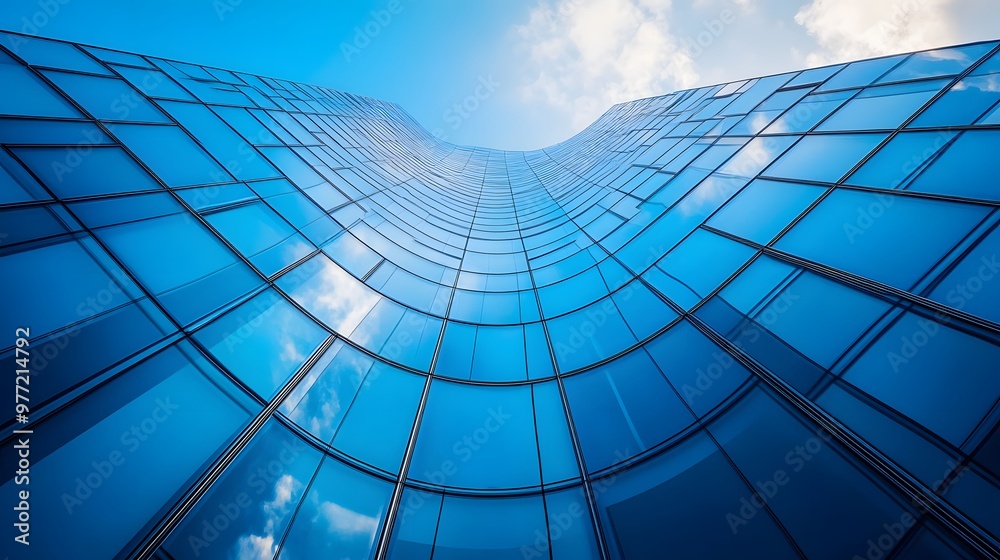 Obraz premium A blue sky frames a modern glass building with curved architecture, reflecting sleek lines in a minimalist design, capturing abstract geometric shapes in an urban landscape.