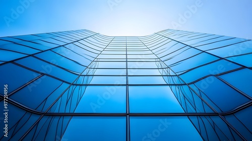 A blue sky frames a modern glass building with curved architecture, reflecting sleek lines in a minimalist design, capturing abstract geometric shapes in an urban landscape.