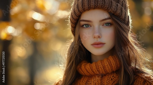 Young Woman in Cozy Knit Hat and Sweater Playfully Enjoying Autumn Outdoors