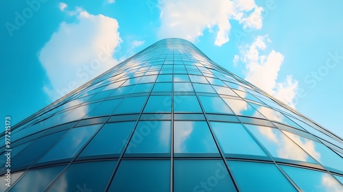 A blue sky frames a modern glass building with curved architecture, reflecting sleek lines in a minimalist design, capturing abstract geometric shapes in an urban landscape.