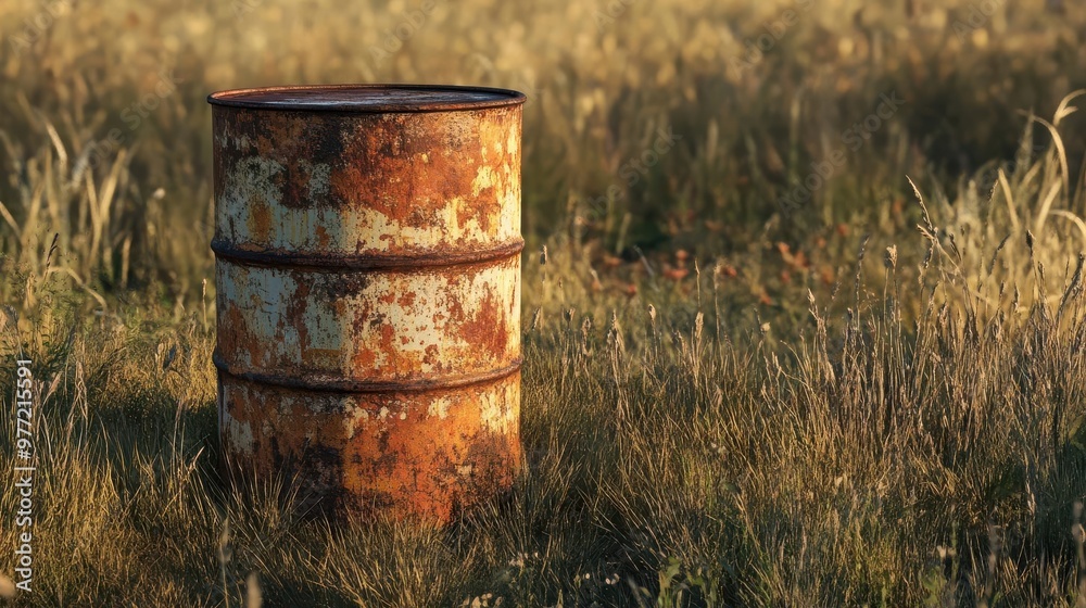 A beautifully lit, ultra-realistic image of a weathered, rusted 55-gallon oil drum in a rugged outdoor environment A beautifully lit, ultra-realistic image of a weathered, rusted 55-gallon oil drum in a rugged outdoor environment