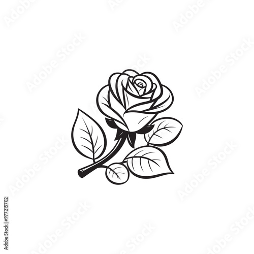 White Background with Black Outline Rose Silhouette - Vector Design.