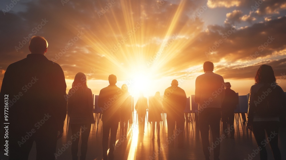 A creative depiction of voters stepping into bright beams of light as they approach the voting booth A creative depiction of voters stepping into bright beams of light as they approach the voting booth