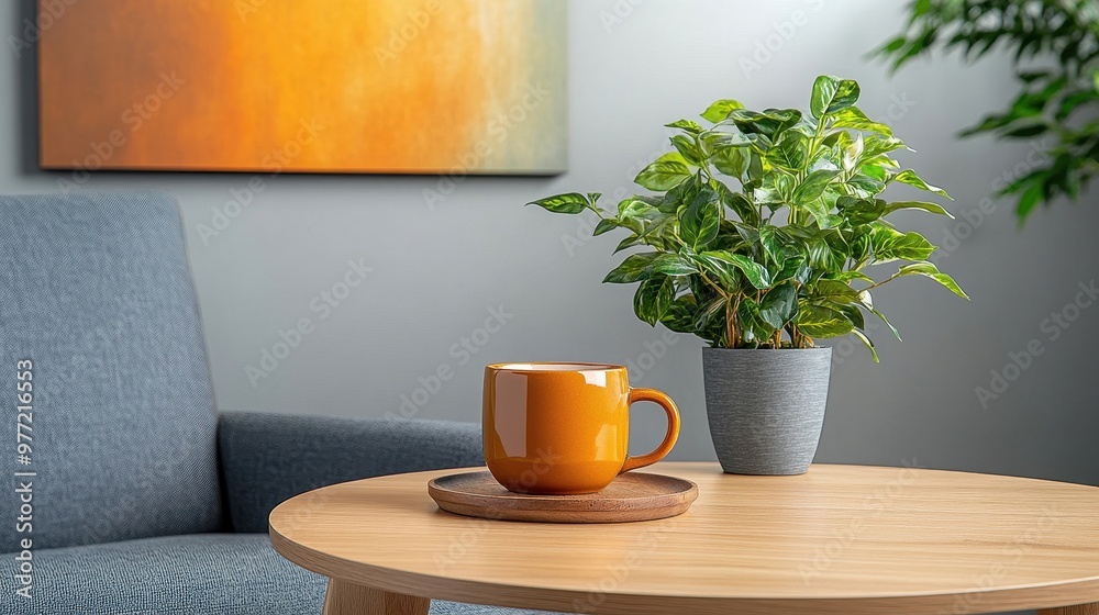 Modern office space, cozy corner with a coffee mug, indoor plants, and abstract art on the wall