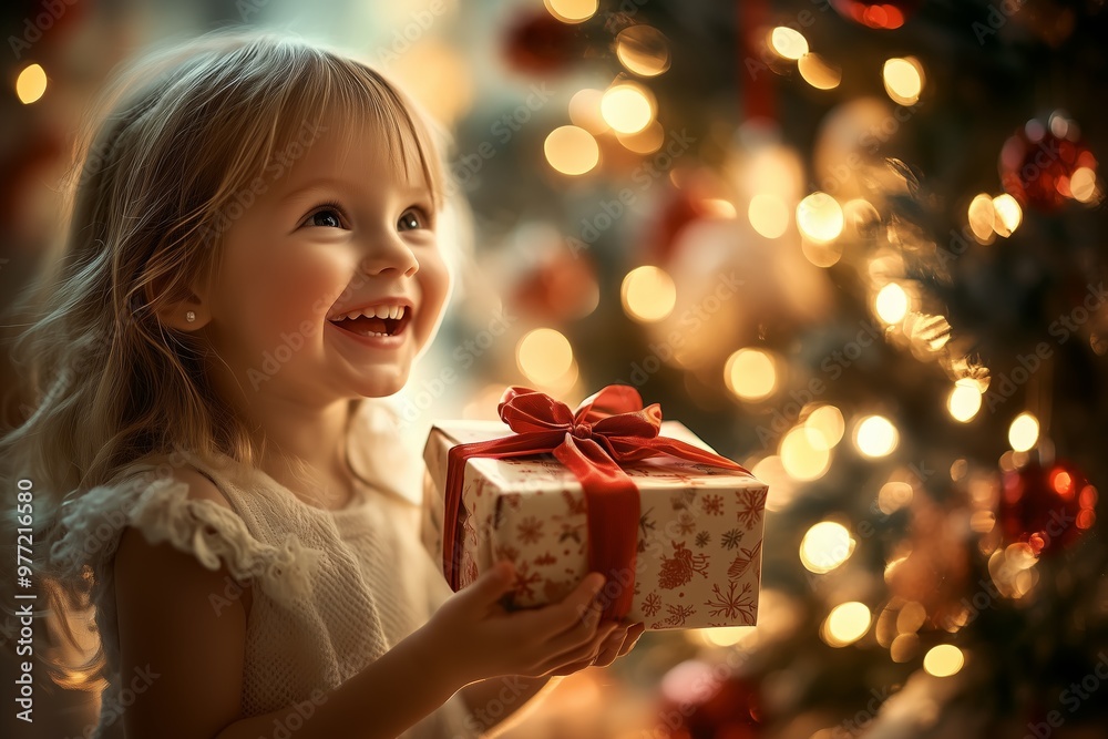 A cute little girl is holding out her Christmas present smiling and laughing with joy, christmas tree and bokeh lights in the background A cute little girl is holding out her Christmas present smiling and laughing with joy, christmas tree and bokeh lights in the background