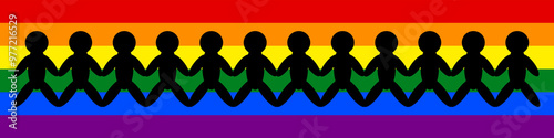 A colorful banner featuring black silhouettes on a rainbow background, symbolizing LGBTQ plus unity, diversity, and pride.