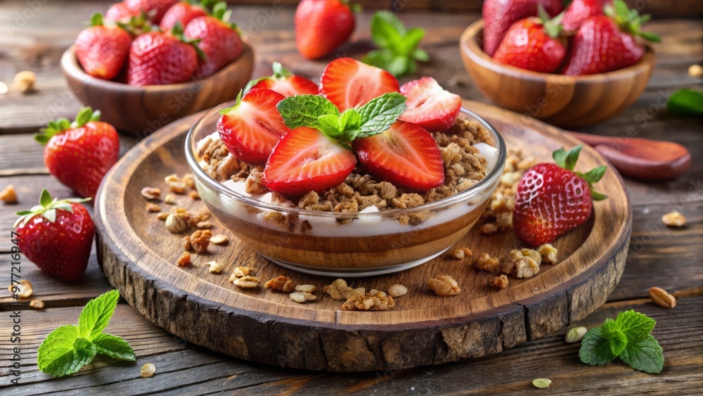 A rustic presentation of kokonte, topped with sliced strawberries and a sprinkle of granola A rustic presentation of kokonte, topped with sliced strawberries and a sprinkle of granola