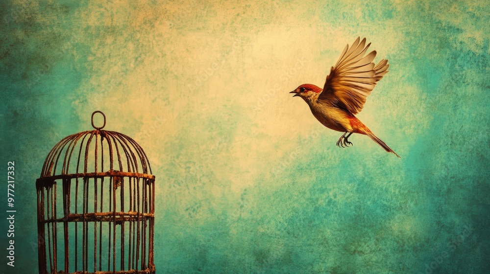 Fototapeta premium A bird in mid-flight above a cage, illustrating freedom, escape, and the pursuit of independence.
