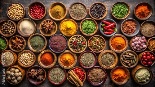 Aromatic Spices in Wooden Bowls on Rustic Wooden Background