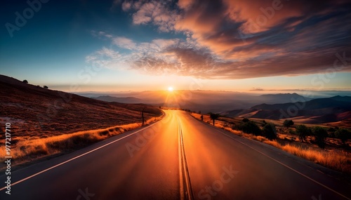 Stunning Sunrise Over Serene Mountain Highway Landscape