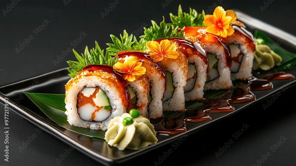 Creative plating of sushi rolls with artful drizzle of soy reduction, wasabi dots, and ginger flowers on a black rectangular plate Creative plating of sushi rolls with artful drizzle of soy reduction, wasabi dots, and ginger flowers on a black rectangular plate