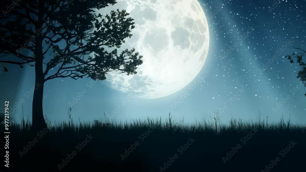 Full moon shining over field with tree silhouette Full moon shining over field with tree silhouette