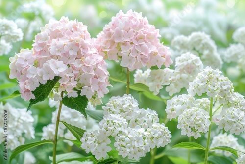 Delicate Beauty, Soft Pink Hydrangeas Bloom Amidst White Flowers in a Lush Summer Garden