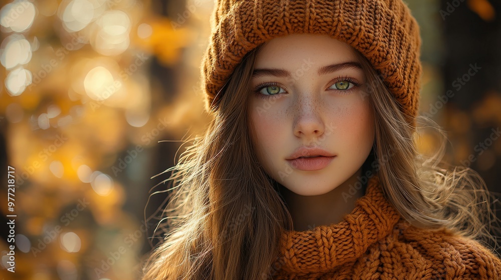 Young Woman in Cozy Knit Hat and Sweater Playfully Enjoying Autumn Outdoors Young Woman in Cozy Knit Hat and Sweater Playfully Enjoying Autumn Outdoors