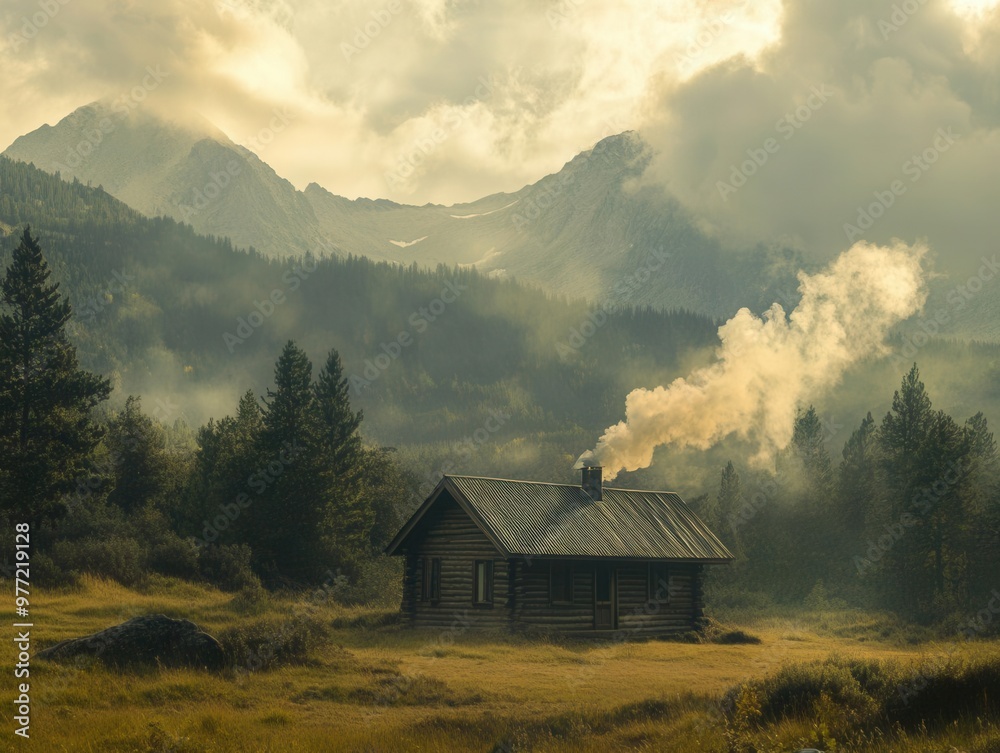 Cabin with smoke rising as a stable shelter amidst a mountain backdrop wide shot soft tones Cabin with smoke rising as a stable shelter amidst a mountain backdrop wide shot soft tones