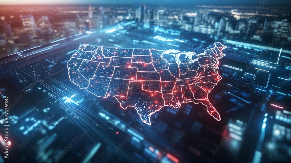 A futuristic American election map holographic states lighting up in red and blue A futuristic American election map holographic states lighting up in red and blue