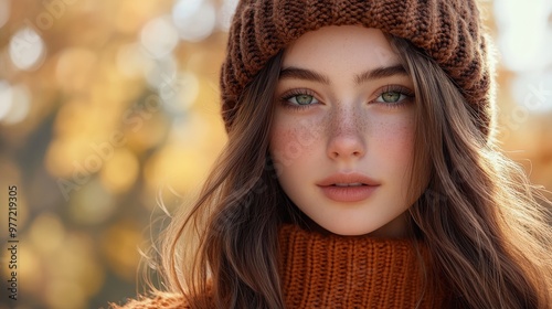 Young Woman in Cozy Knit Hat and Sweater Playfully Enjoying Autumn Outdoors