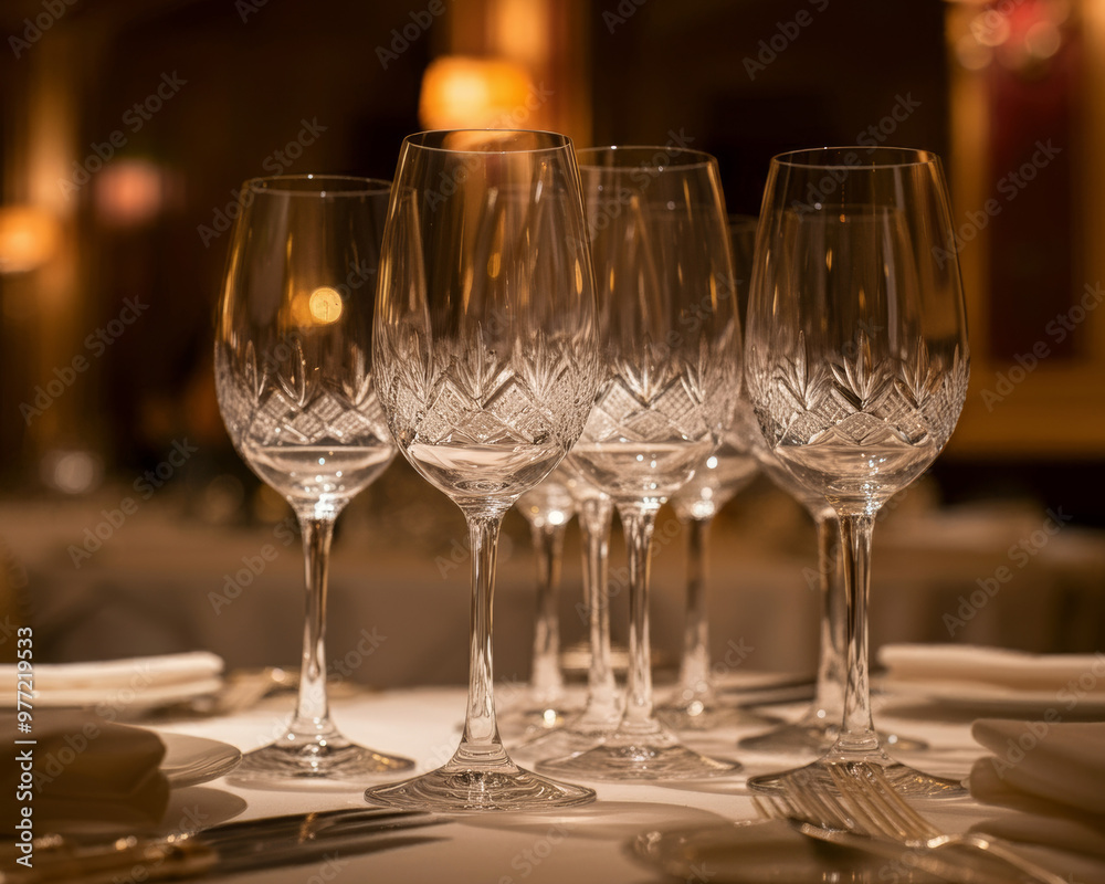 Luxury wine glasses in fancy restaurant with bokeh background at night Luxury wine glasses in fancy restaurant with bokeh background at night