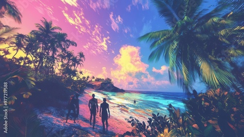 Joyful, artistic of a tropical scene with friends enjoying the moment wide angle vibrant colors