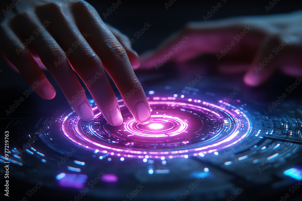 A close-up of a hand interacting with a futuristic, glowing interface featuring vibrant neon colors. A close-up of a hand interacting with a futuristic, glowing interface featuring vibrant neon colors.