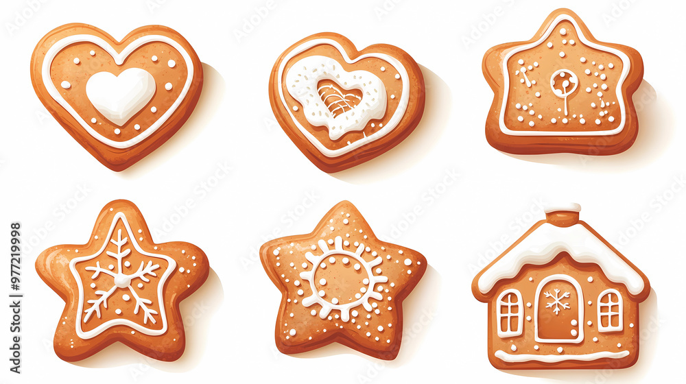 Set of gingerbread cookies isolated on a white background, in the shapes of a house, heart, star, and tree, with a red glaze and golden sprinkles. Cartoon vector illustration design element for Chris
Set of gingerbread cookies isolated on a white background, in the shapes of a house, heart, star, and tree, with a red glaze and golden sprinkles. Cartoon vector illustration design element for Chris