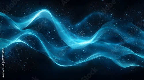 An ethereal blue energy wave glows against a black background, featuring dynamic flow and smooth curves, creating a vibrant sci-fi aesthetic with abstract digital art.