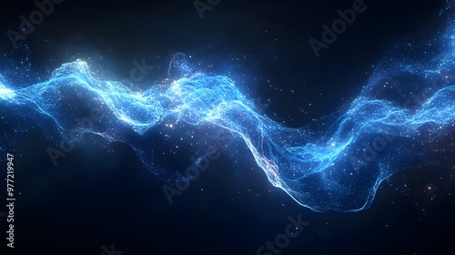 An ethereal blue energy wave glows against a black background, featuring dynamic flow and smooth curves, creating a vibrant sci-fi aesthetic with abstract digital art.