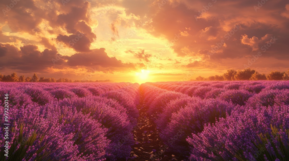 Podium in a lavender field, rows of purple flowers, golden sunset Podium in a lavender field, rows of purple flowers, golden sunset