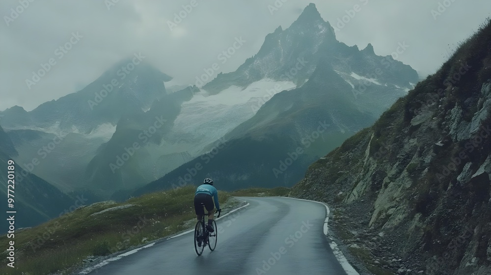 A cyclist rides along a winding road in a breathtaking mountainous landscape under a cloudy sky, showcasing adventure and nature. A cyclist rides along a winding road in a breathtaking mountainous landscape under a cloudy sky, showcasing adventure and nature.