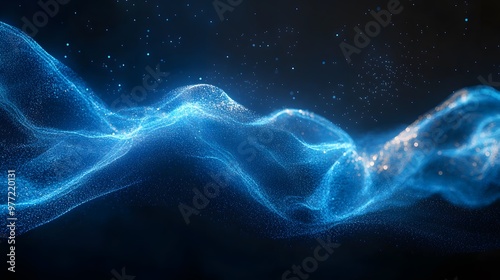 An ethereal blue energy wave glows against a black background, featuring dynamic flow and smooth curves, creating a vibrant sci-fi aesthetic with abstract digital art.