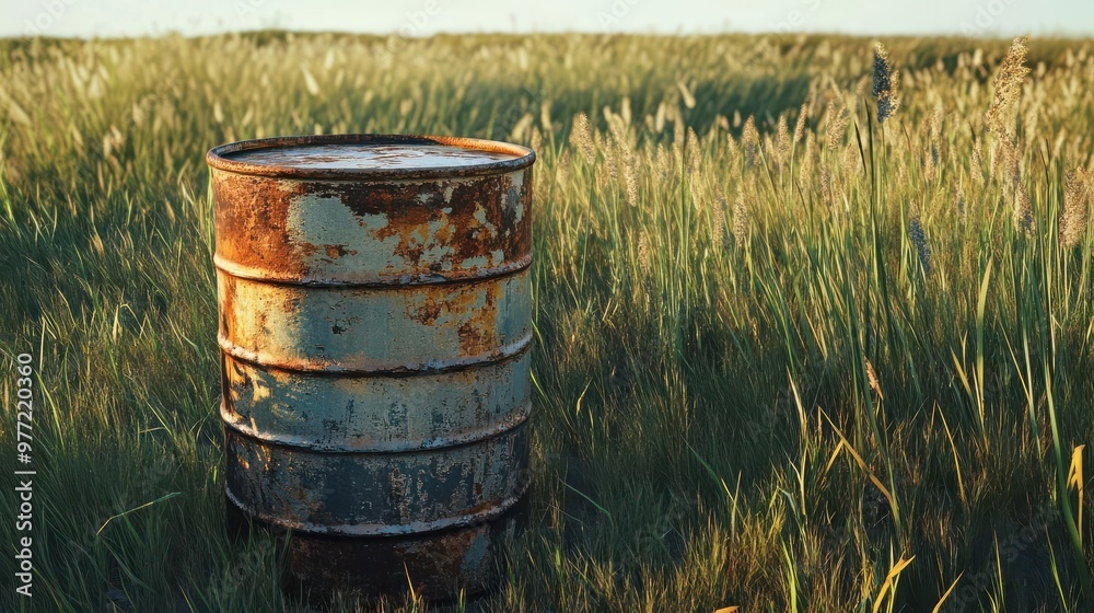 A beautifully lit, ultra-realistic image of a weathered, rusted 55-gallon oil drum in a rugged outdoor environment A beautifully lit, ultra-realistic image of a weathered, rusted 55-gallon oil drum in a rugged outdoor environment