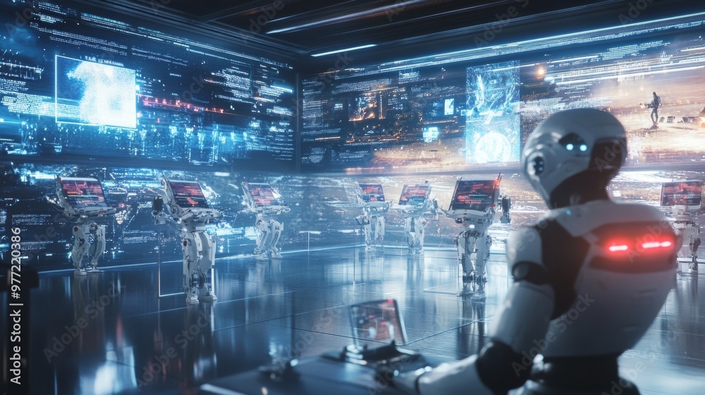 A futuristic election day where robots assist voters at polling stations bright futuristic designs A futuristic election day where robots assist voters at polling stations bright futuristic designs