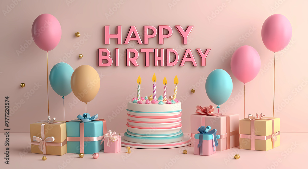 3D rendering of a colorful birthday cake with gifts and balloons on a pastel background with the text 3D rendering of a colorful birthday cake with gifts and balloons on a pastel background with the text