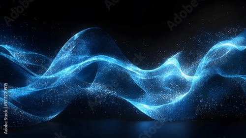 An ethereal blue energy wave glows against a black background, featuring dynamic flow and smooth curves, creating a vibrant sci-fi aesthetic with abstract digital art.