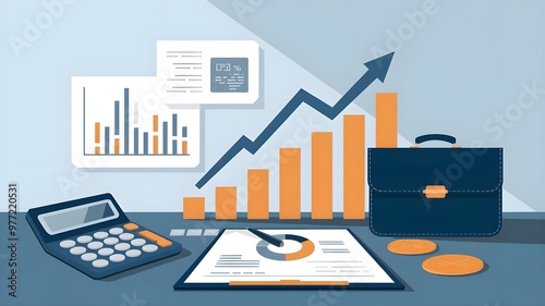 A digital illustration of financial analysis tools, including a calculator, charts, and a briefcase, representing business growth.