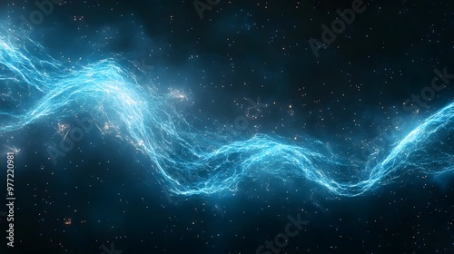 An ethereal blue energy wave glows against a black background, featuring dynamic flow and smooth curves, creating a vibrant sci-fi aesthetic with abstract digital art.