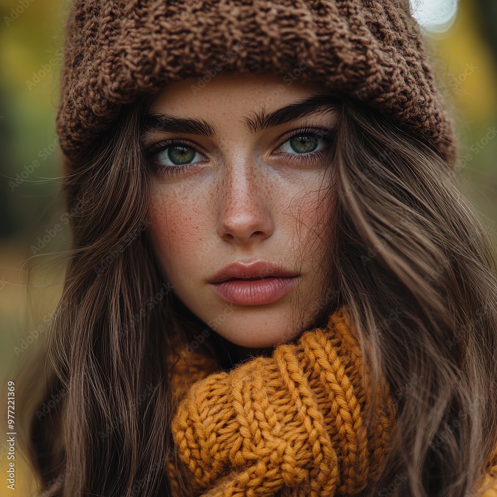 Young Woman in Cozy Knit Hat and Sweater Playfully Enjoying Autumn Outdoors Young Woman in Cozy Knit Hat and Sweater Playfully Enjoying Autumn Outdoors