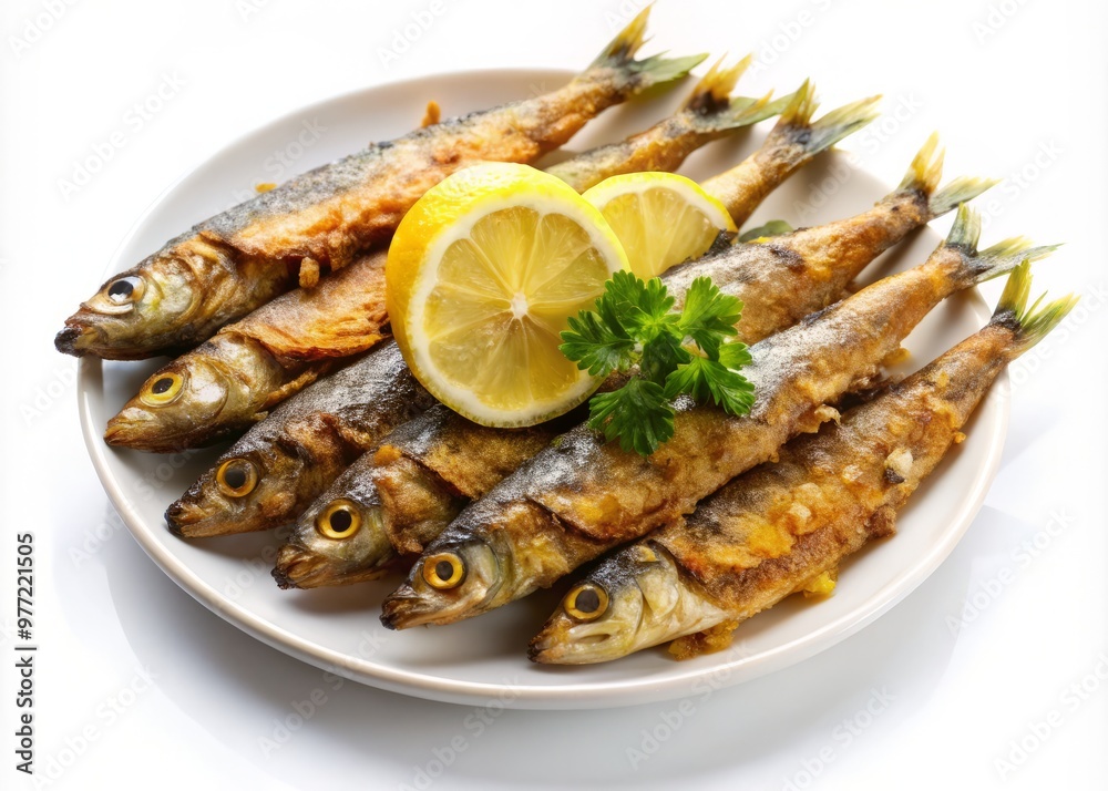 A generous serving of crispy fried sardines arranged artfully on a white background, flavored with a pinch of pepper and a squeeze of lemon A generous serving of crispy fried sardines arranged artfully on a white background, flavored with a pinch of pepper and a squeeze of lemon