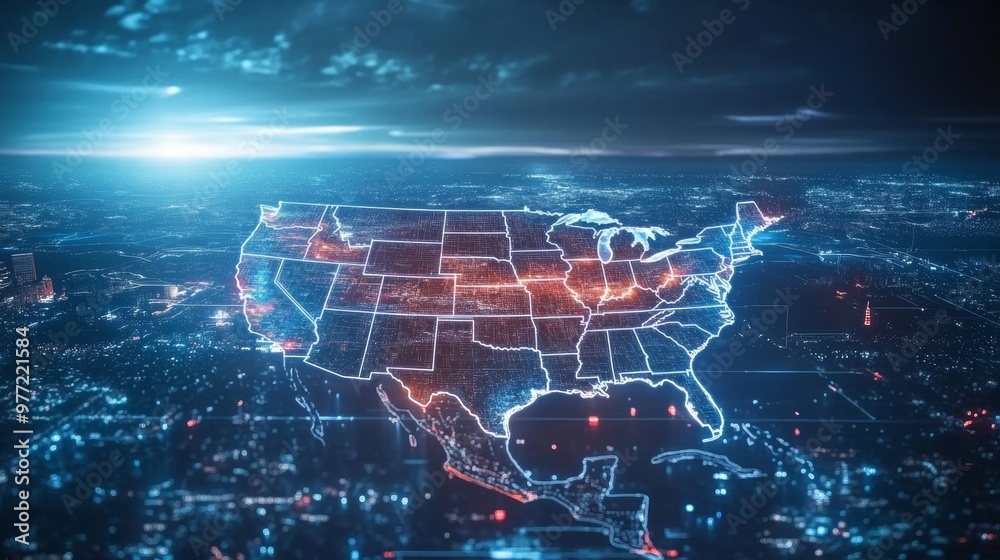 Fototapeta premium A futuristic map of the US lighting up with red and blue states
