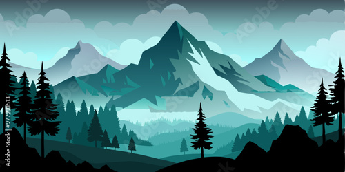 Foggy mountains landscape background. Smoky and rocky panorama with mountains skyline and pine tree forest silhouettes. Scenery with slopes, vector cartoon illustration