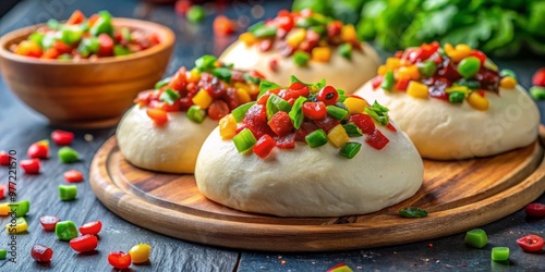 Vibrant colorful toppings arranged around a perfectly rounded Kenkey dough, waiting to be devoured. photo