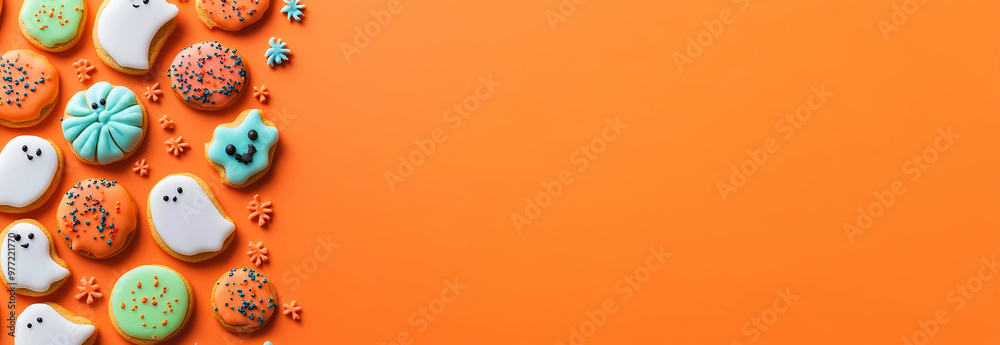 A horizontal border of cute Halloween cookies and candy on an orange background with copy space, top view, flat lay, Halloween concept A horizontal border of cute Halloween cookies and candy on an orange background with copy space, top view, flat lay, Halloween concept
