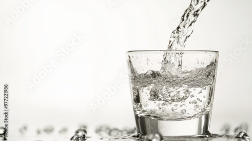 A close-up of a vodka shot being poured into a glass, with visible motion and splashes, isolated on white.