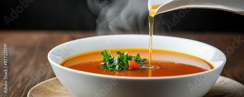 Closeup of a gourmet soup served with a pourover broth, captured midpour with steam rising and garnishes floating on top photo