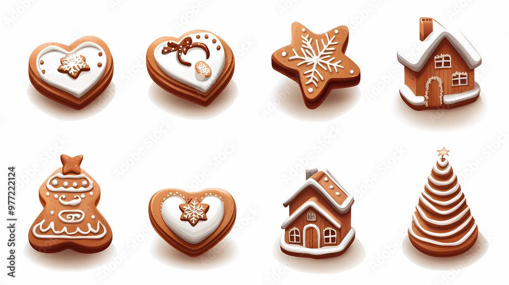 Set of gingerbread cookies isolated on a white background, in the shapes of a house, heart, star, and tree, with a red glaze and golden sprinkles. Cartoon vector illustration design element for Chris
Set of gingerbread cookies isolated on a white background, in the shapes of a house, heart, star, and tree, with a red glaze and golden sprinkles. Cartoon vector illustration design element for Chris
