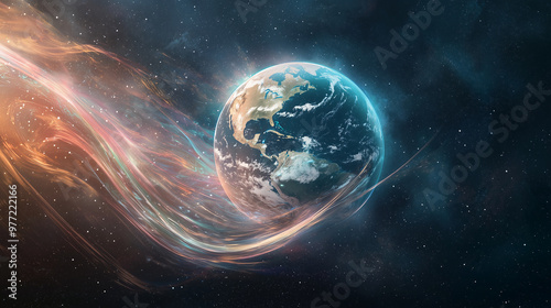 planet Earth, with swirling lines and shapes representing the interconnectedness of countries and economies. Use vibrant colors and dynamic strokes to symbolize the flow of informa