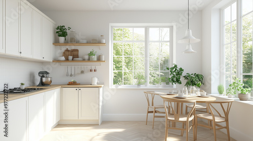 Bright kitchen with large windows and minimalist Scandinavian design