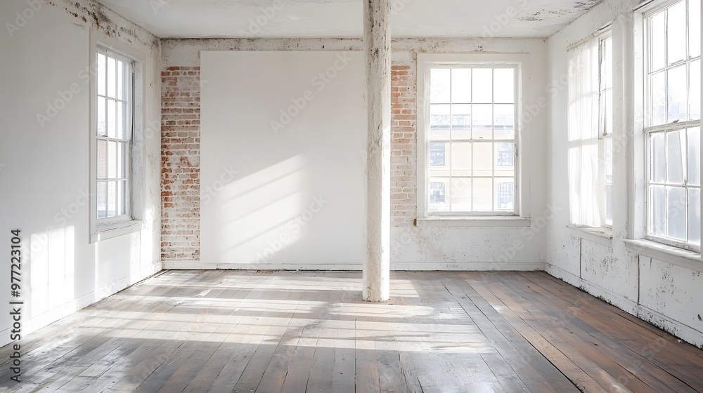 An interior renovation scene displays white walls and distressed hardwood floors, with natural light illuminating an empty room that showcases architectural details and rustic charm. An interior renovation scene displays white walls and distressed hardwood floors, with natural light illuminating an empty room that showcases architectural details and rustic charm.